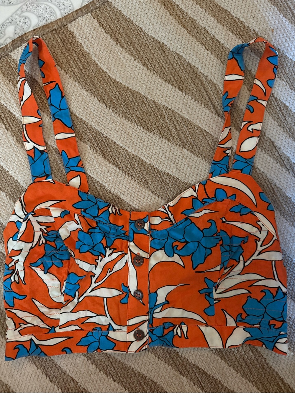 Floral Button-Front Crop Top - Orange & Blue